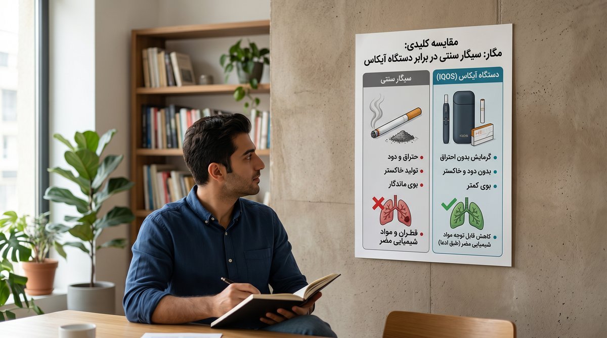 اینفوگرافیک تفاوت&zwnj;های کلیدی بین سیگار سنتی و دستگاه آیکاس