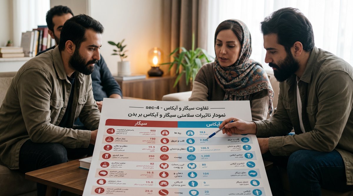 نمودار تاثیرات سلامتی سیگار و آیکاس بر بدن